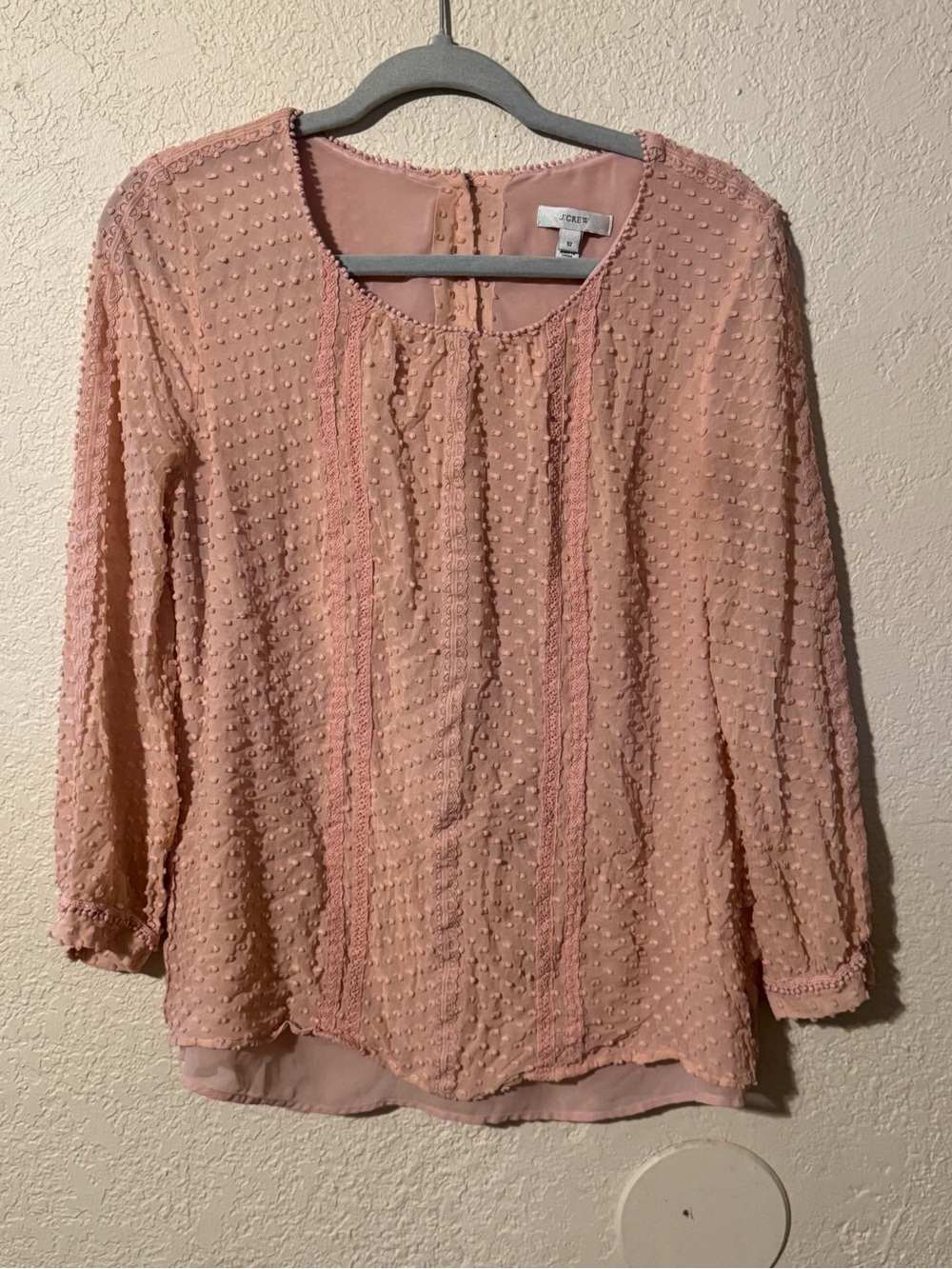J Crew Silk Blend Swiss-Dot Blush Pink Peasant Top Button Back Elegant